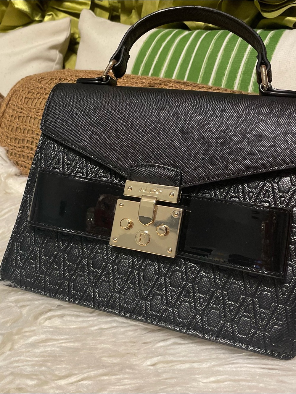 Aldo Black Textured Top-Handle Satchel with Gold Lock